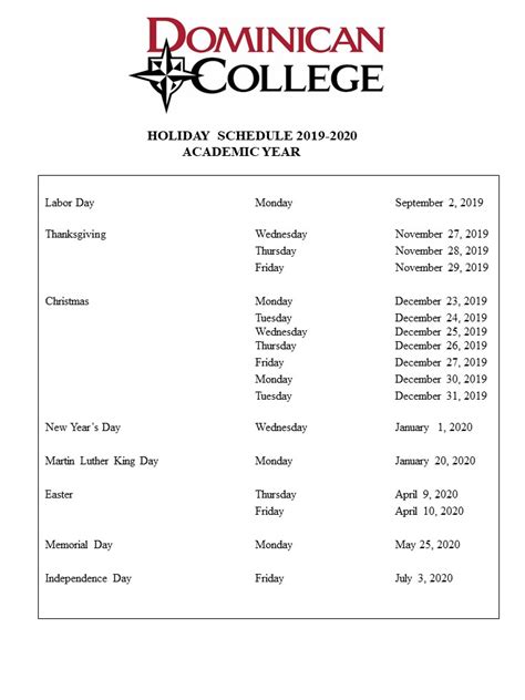 Ohio Dominican Academic Calendar